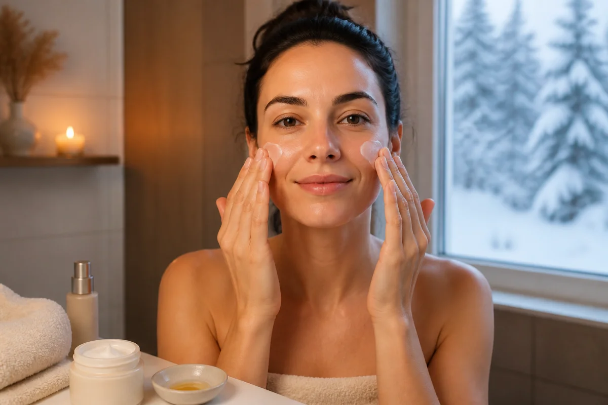 Personne appliquant une crème hydratante sur ses joues dans une salle de bain hivernale chaleureuse, routine soin visage hiver