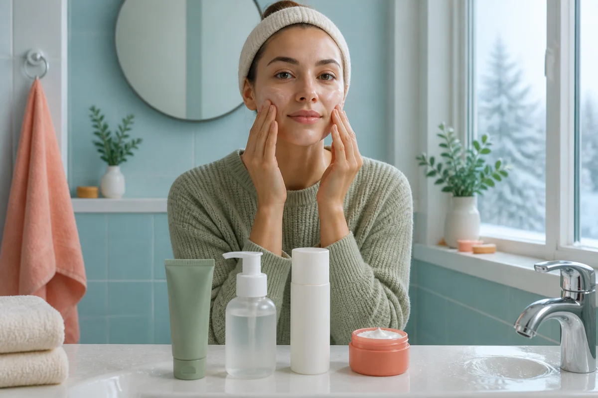 Routine soin visage hiver avec personne appliquant des cosmétiques hydratants dans une salle de bains lumineuse aux tons givrés