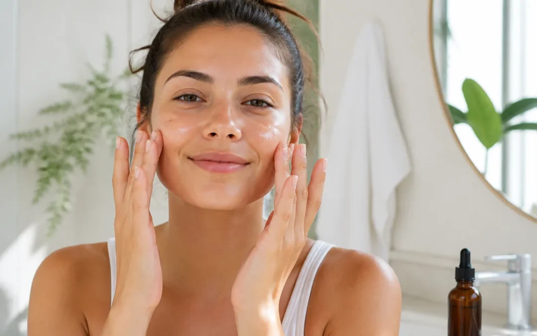 Personne appliquant un sérum acide hyaluronique sur ses joues dans une salle de bain lumineuse
