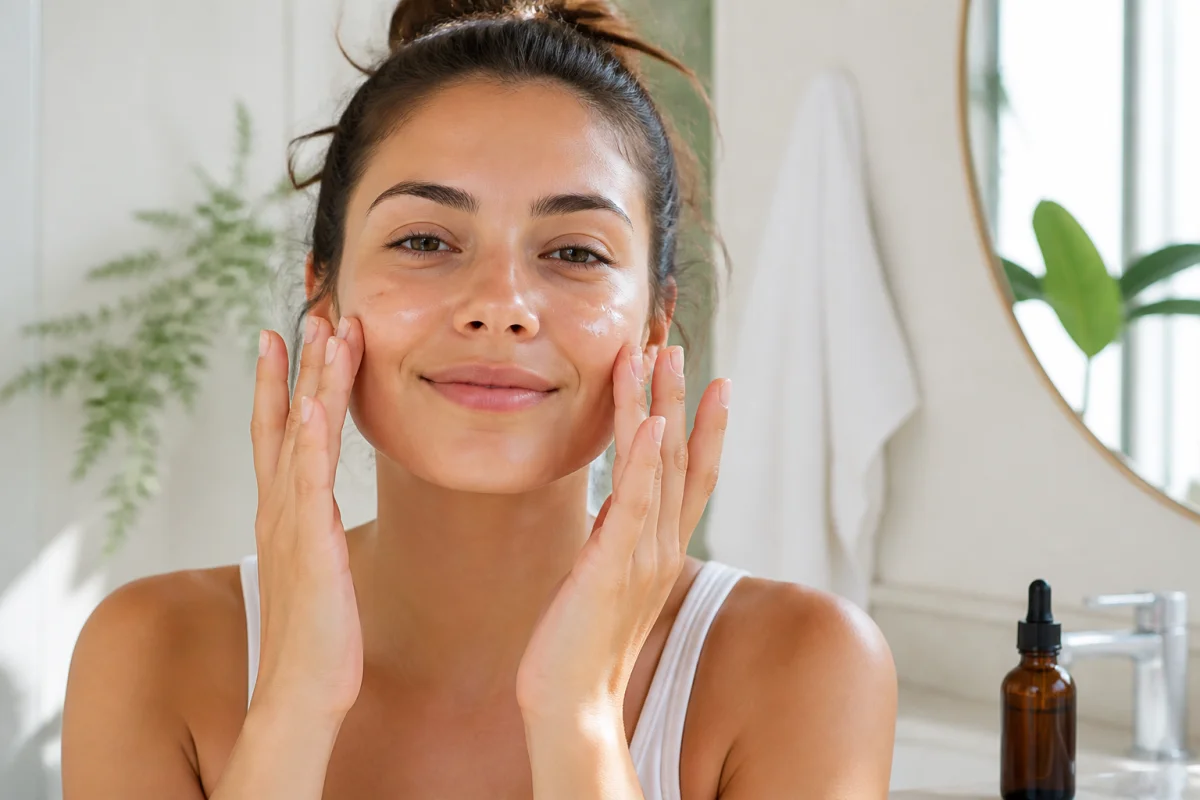 Personne appliquant un sérum acide hyaluronique sur ses joues dans une salle de bain lumineuse