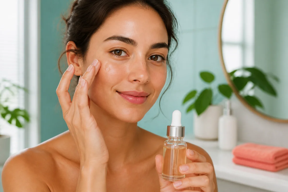 Femme appliquant un sérum acide hyaluronique sur sa joue, flacon transparent et salle de bain lumineuse en arrière-plan