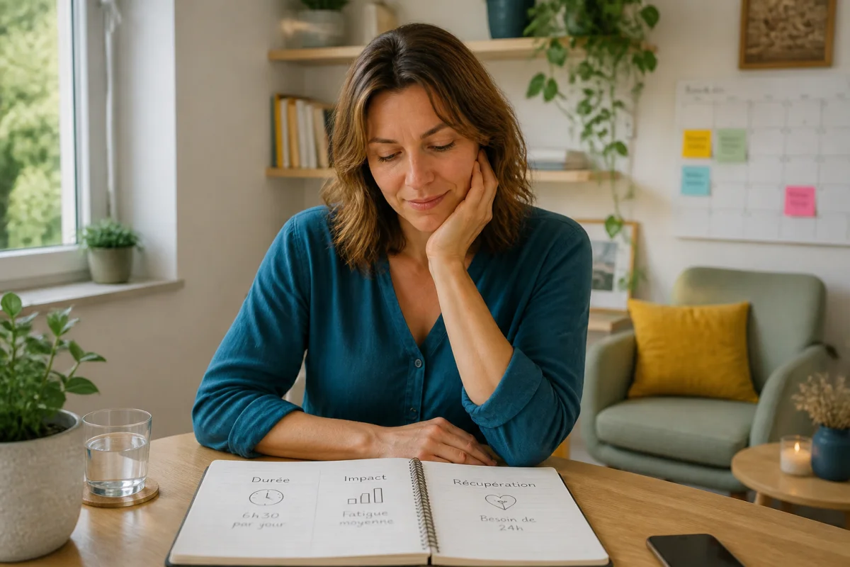 Adulte fatigué observant un carnet pour identifier les signes de fatigue mentale et retrouver son équilibre