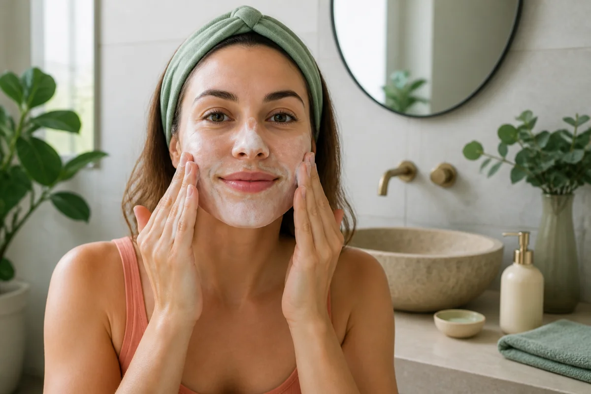 Femme appliquant un nettoyant doux, illustrant une routine de soin du visage éclatant dans une salle de bain lumineuse