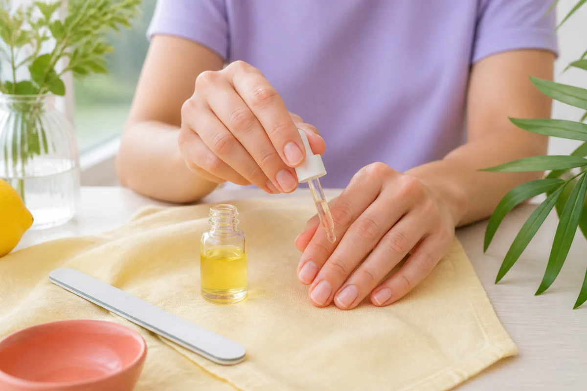 Mains aux ongles courts appliquant une huile nourrissante, avec lime et accessoires colorés pour un soin des mains avant l’été