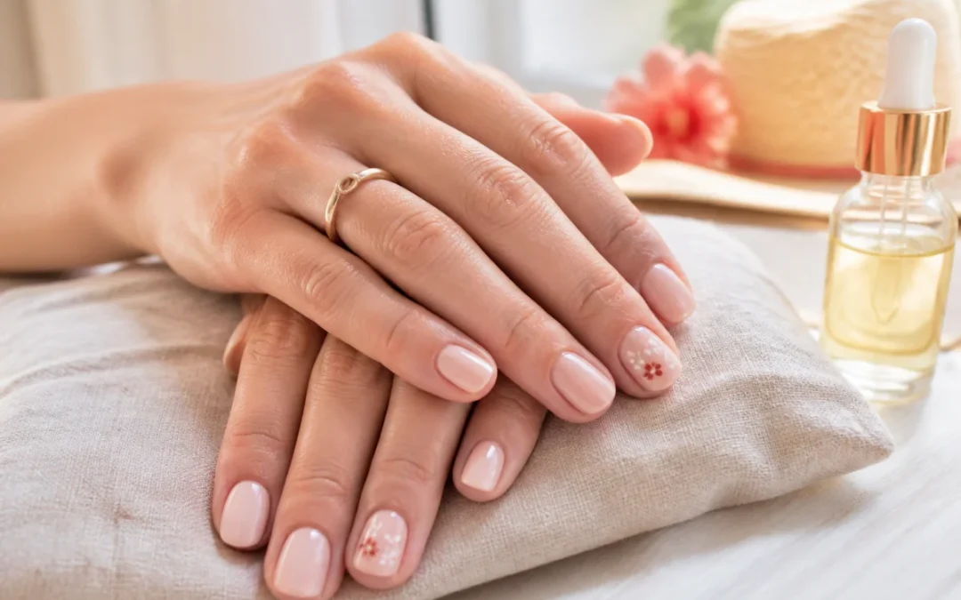 Soin des mains avant l’été avec manucure naturelle et décoration d’ongles estivale discrète sous lumière douce