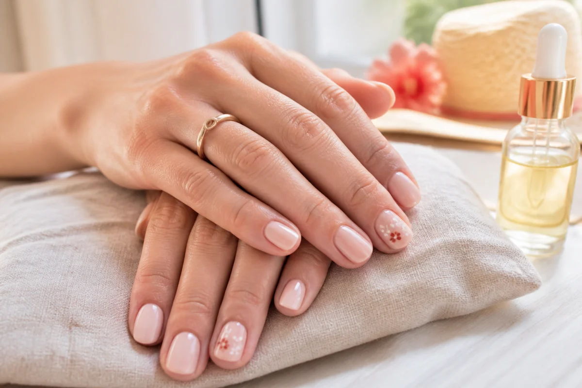 Soin des mains avant l’été avec manucure naturelle et décoration d’ongles estivale discrète sous lumière douce