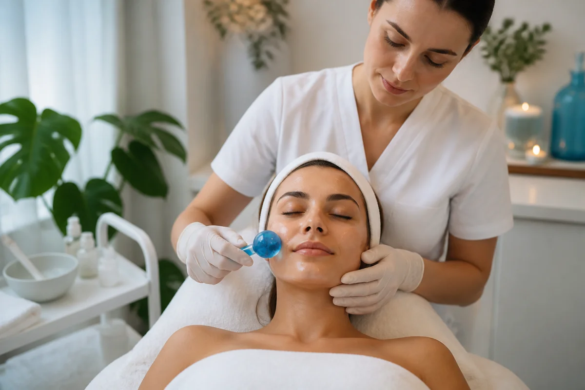 Professionnelle réalisant un soin du visage éclatant avec accessoire de cryothérapie dans une cabine esthétique lumineuse