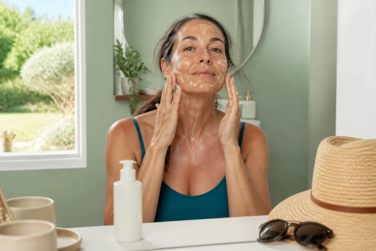 Femme appliquant une crème solaire teintée SPF 50 sur son visage, intégrée à des soins du visage anti taches
