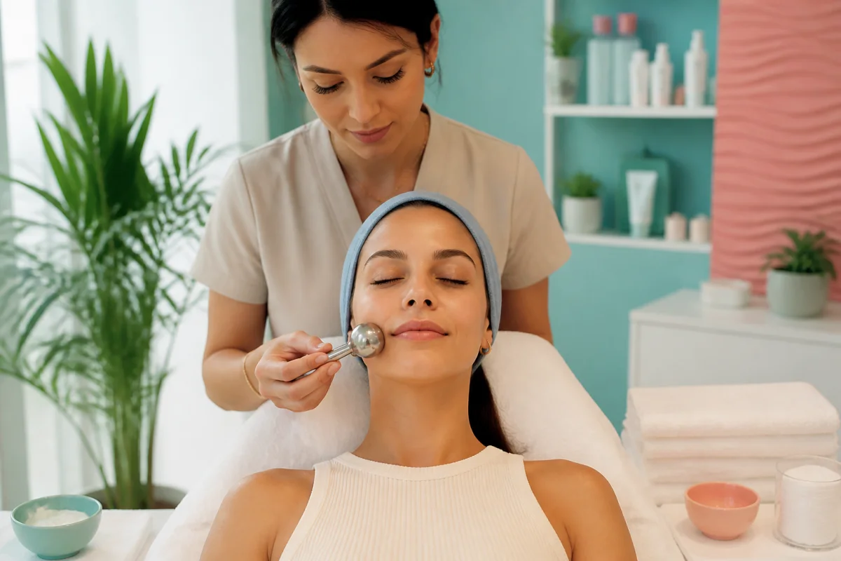 Soins du visage anti-taches avec accessoire de cryothérapie appliqué par une esthéticienne en institut professionnel