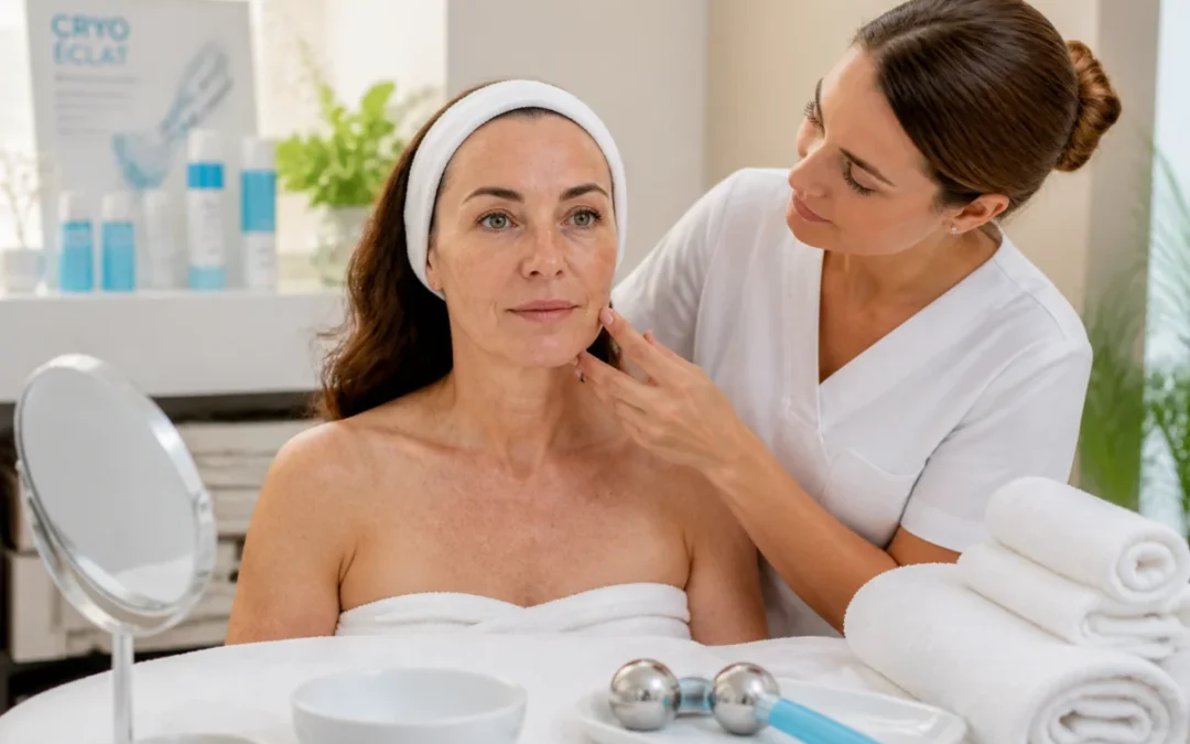 Esthéticienne analysant le teint d’une cliente présentant des taches, dans une cabine de soins du visage lumineuse
