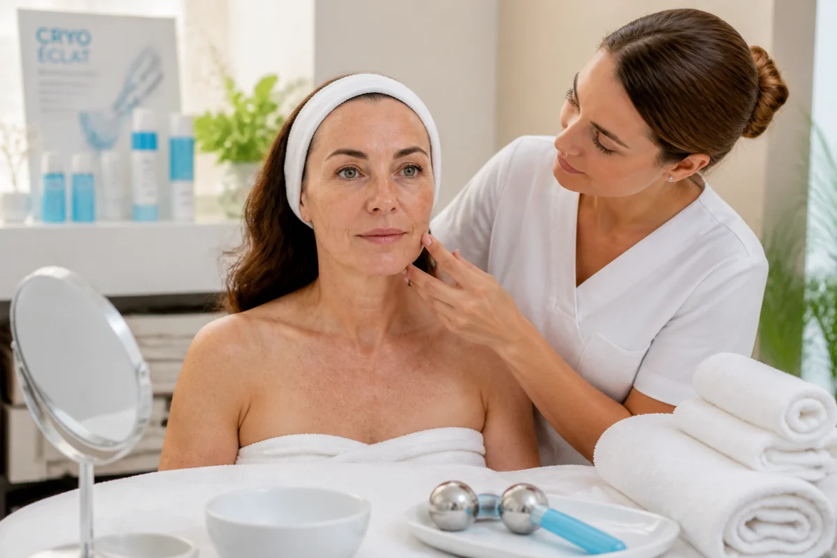 Esthéticienne analysant le teint d’une cliente présentant des taches, dans une cabine de soins du visage lumineuse