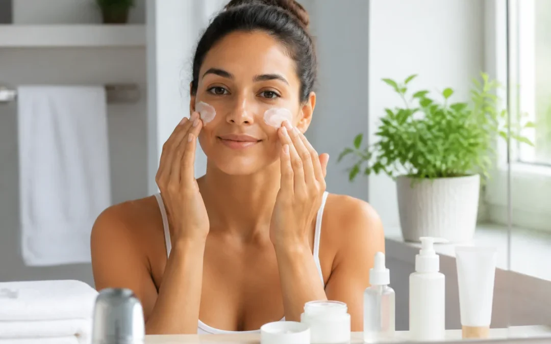 Personne appliquant un soin du visage anti-taches devant un miroir dans une salle de bains lumineuse et épurée