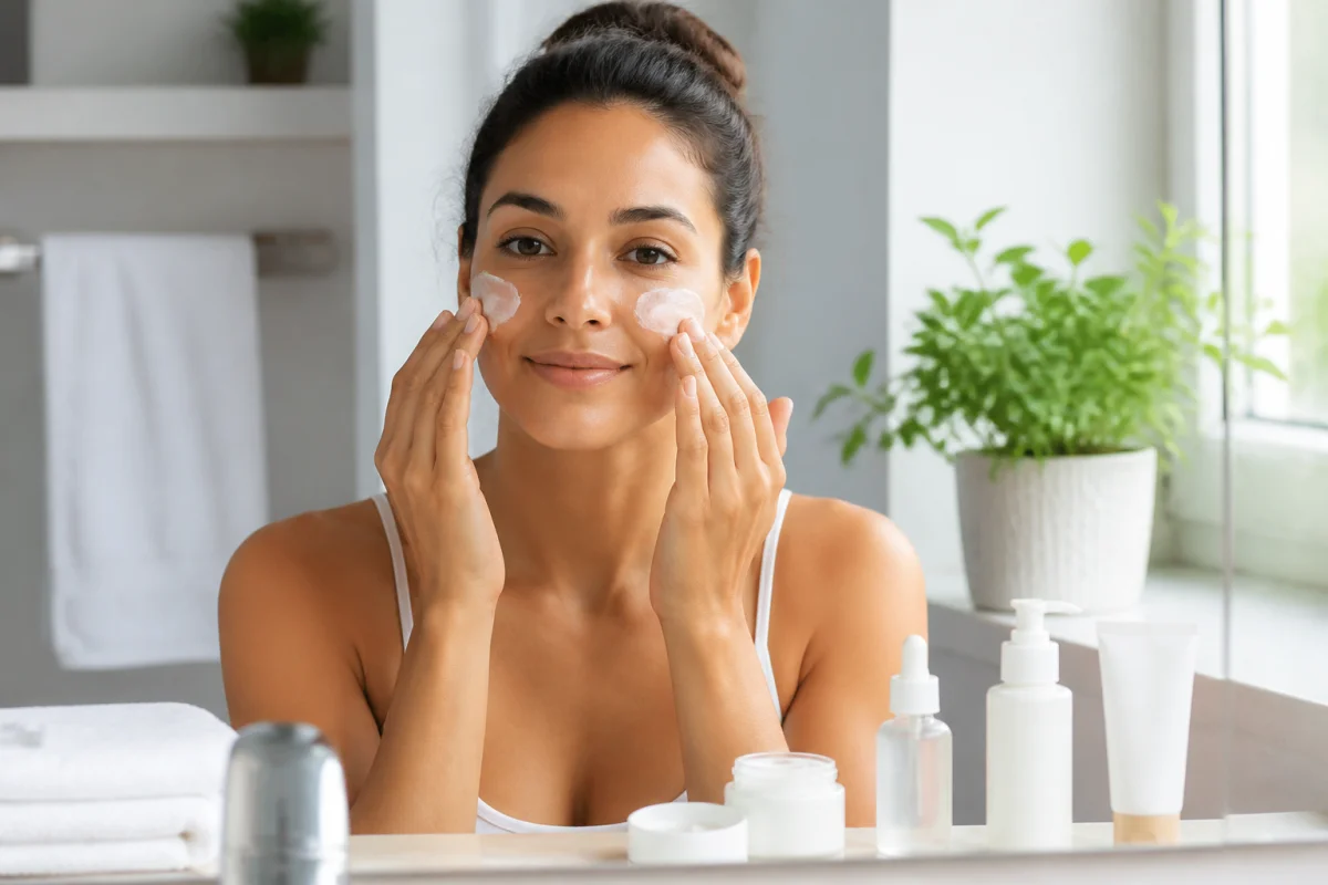 Personne appliquant un soin du visage anti-taches devant un miroir dans une salle de bains lumineuse et épurée