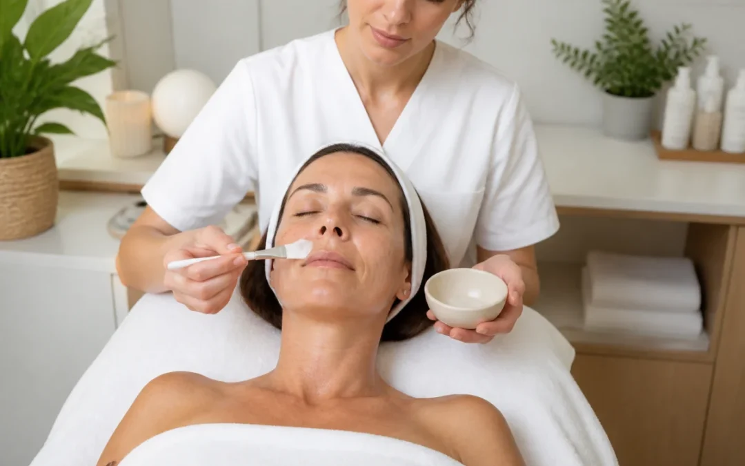 Cliente recevant un soin du visage antitaches dans une cabine esthétique lumineuse et apaisante