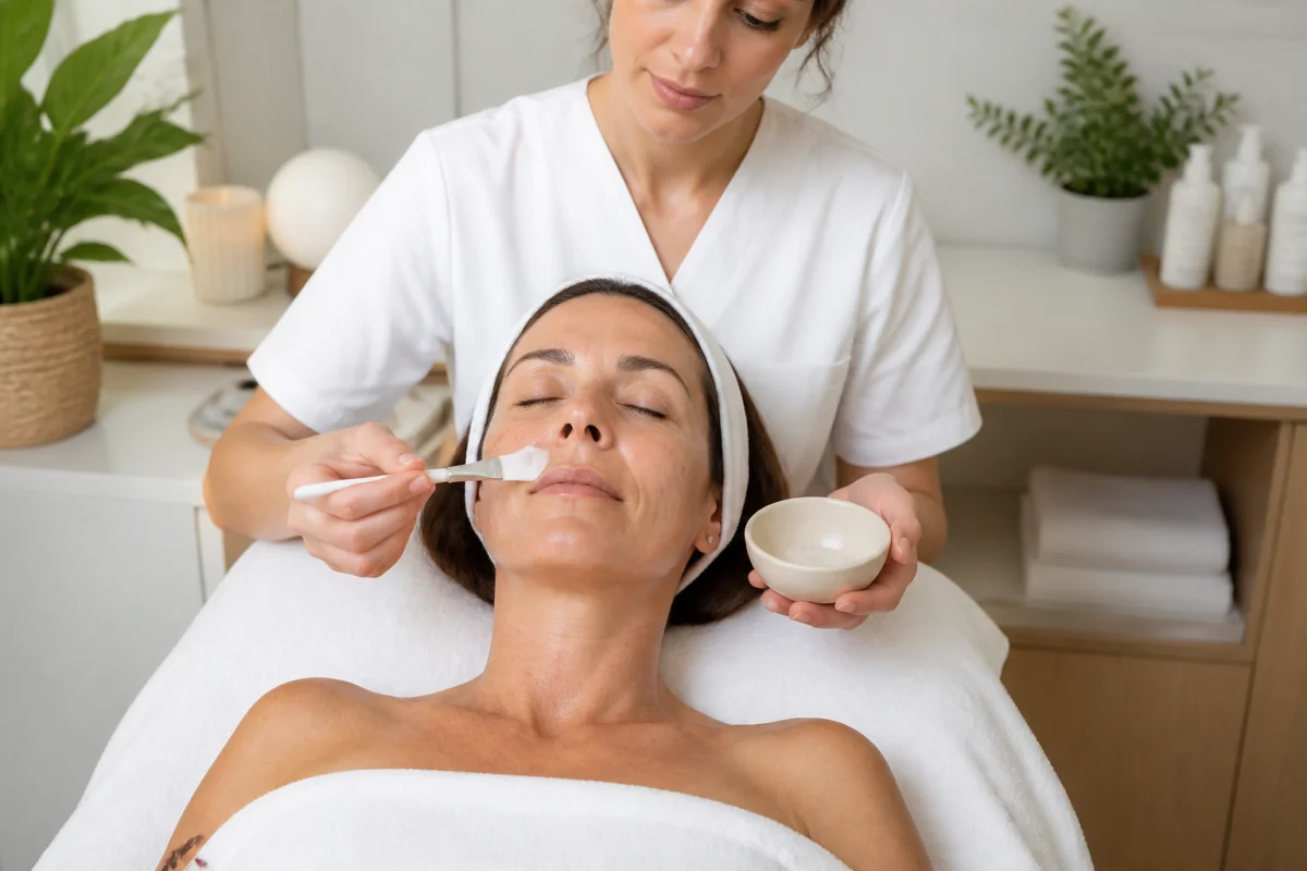 Cliente recevant un soin du visage antitaches dans une cabine esthétique lumineuse et apaisante