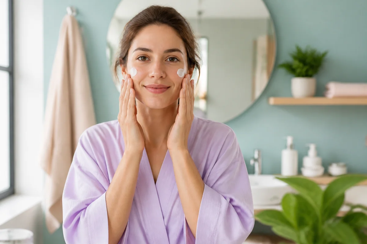 Soins du visage après une urgence dentaire, une personne applique délicatement une crème hydratante sur ses joues apaisées