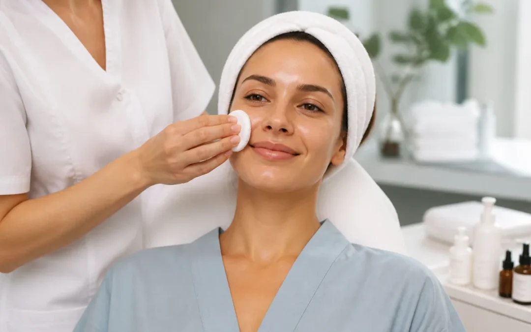 Soins du visage après une urgence dentaire : adulte apaisé recevant un traitement hydratant en cabine esthétique