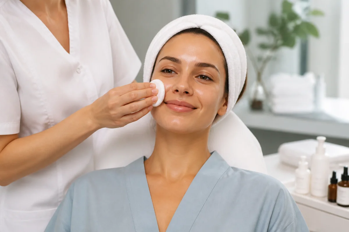 Soins du visage après une urgence dentaire : adulte apaisé recevant un traitement hydratant en cabine esthétique