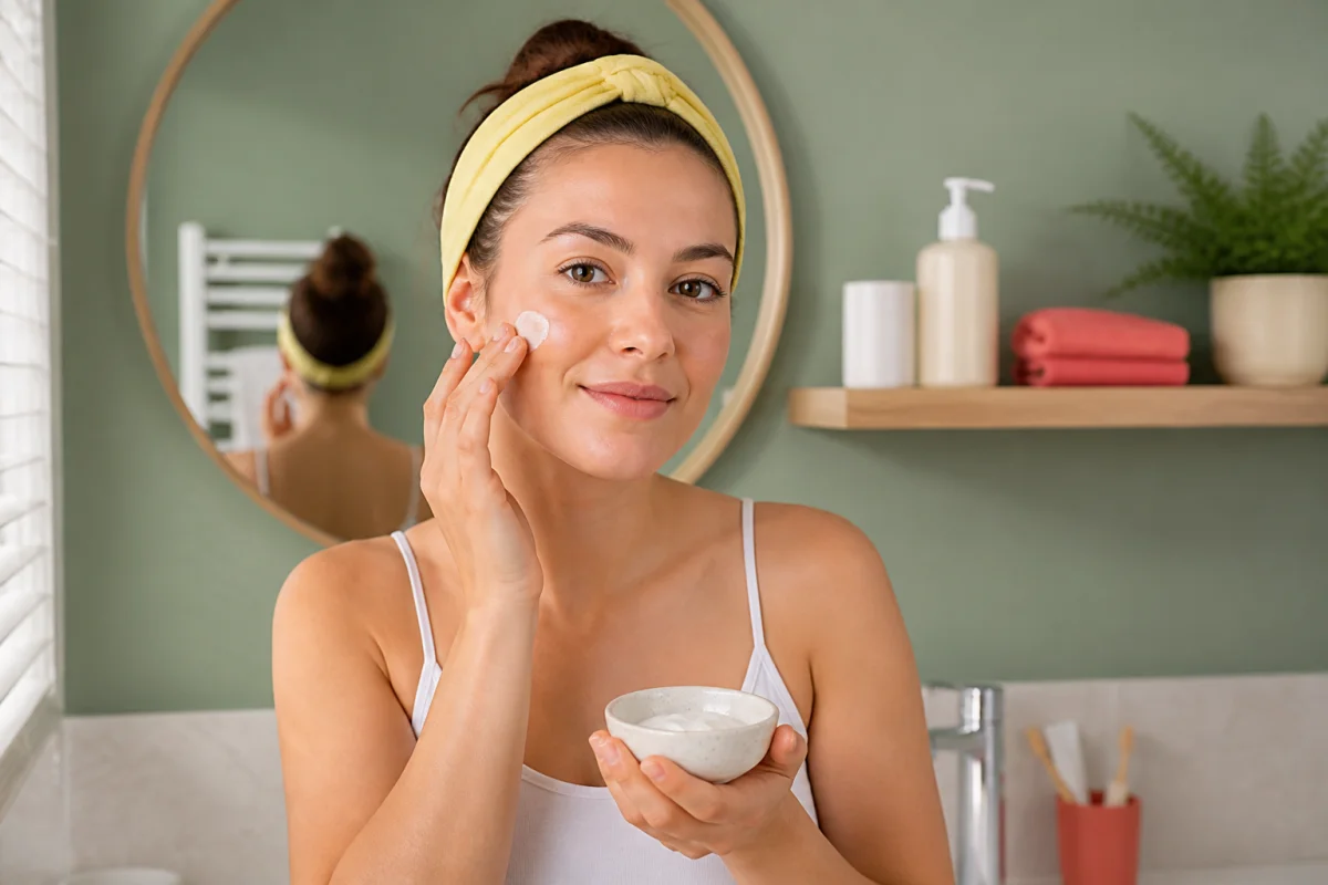 Personne appliquant une crème hydratante lors de soins visage avant une sortie, devant un miroir lumineux