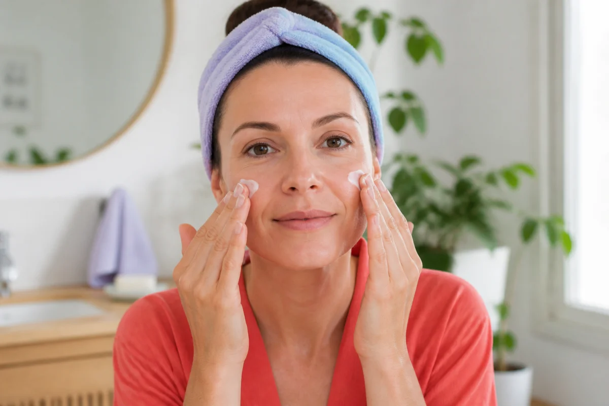 Personne appliquant une crème hydratante sur ses joues dans une routine de soins visage maison