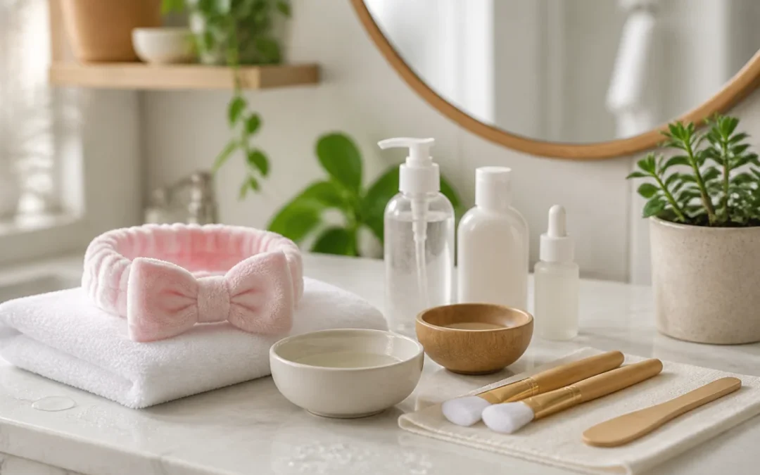 Matériel soigneusement disposé pour une routine de soins visage maison dans une salle de bain lumineuse et épurée