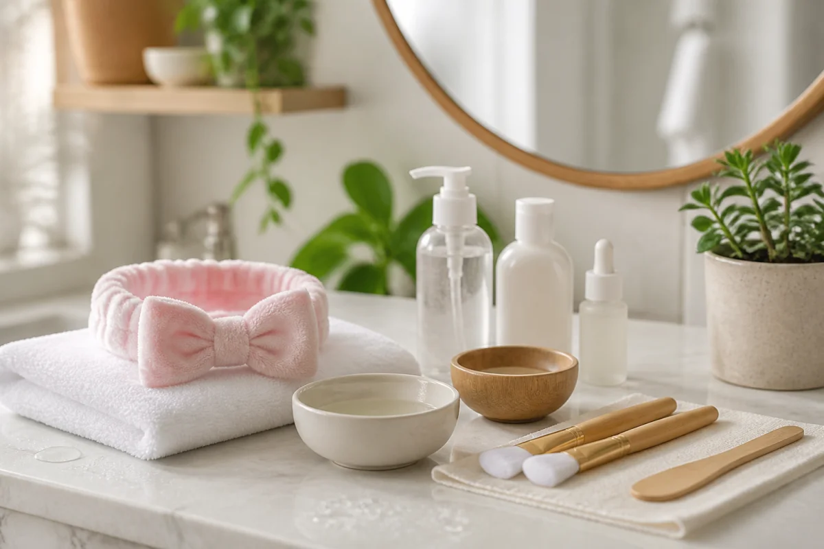 Matériel soigneusement disposé pour une routine de soins visage maison dans une salle de bain lumineuse et épurée