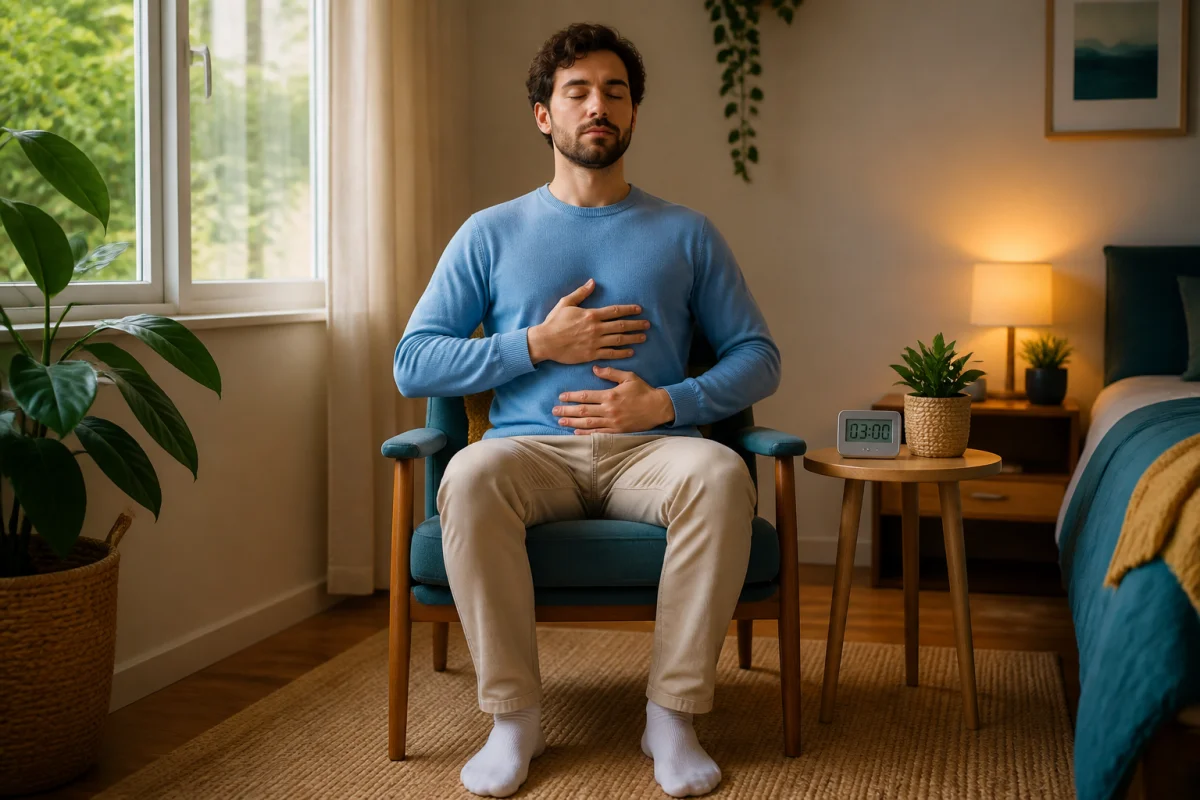 Techniques de relaxation pour débuter : adulte pratiquant la respiration abdominale assis avant le coucher