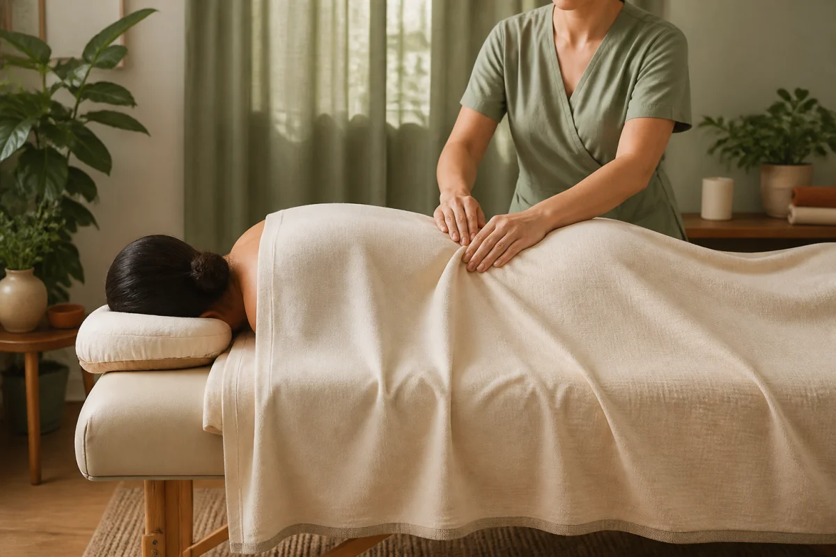 Personne couverte d’un drap ivoire pendant un massage californien dans une cabine chaleureuse et apaisante