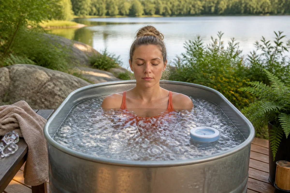 Adulte immergé dans un bain glacé au bord d’un lac, illustrant la thérapie par le froid et la récupération physique