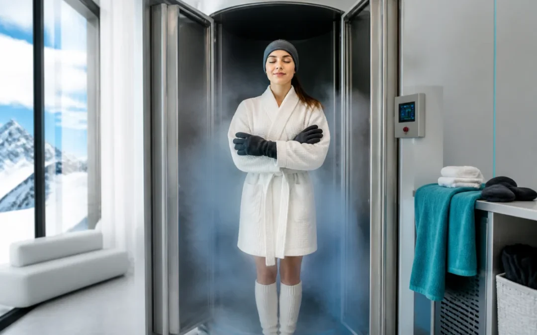 Personne en cryothérapie corps entier dans une cabine, illustrant la thérapie par le froid et la récupération physique
