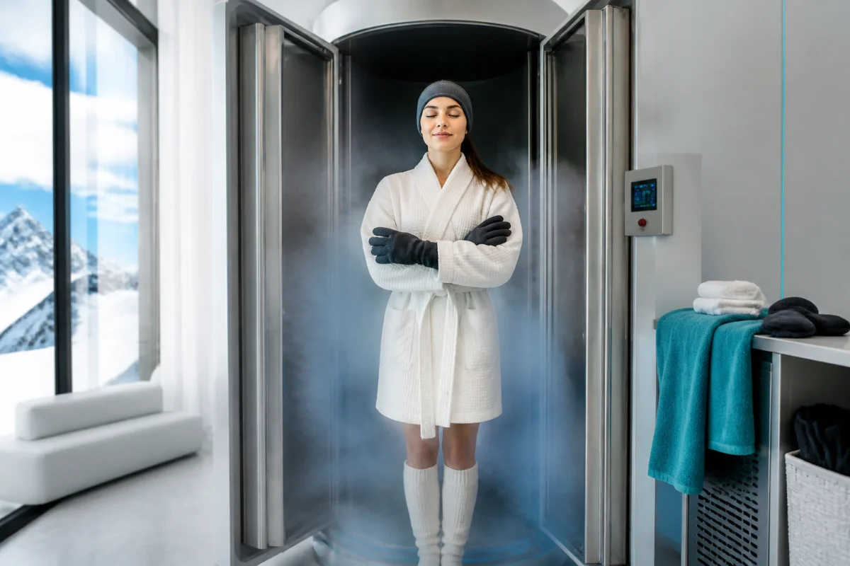 Personne en cryothérapie corps entier dans une cabine, illustrant la thérapie par le froid et la récupération physique