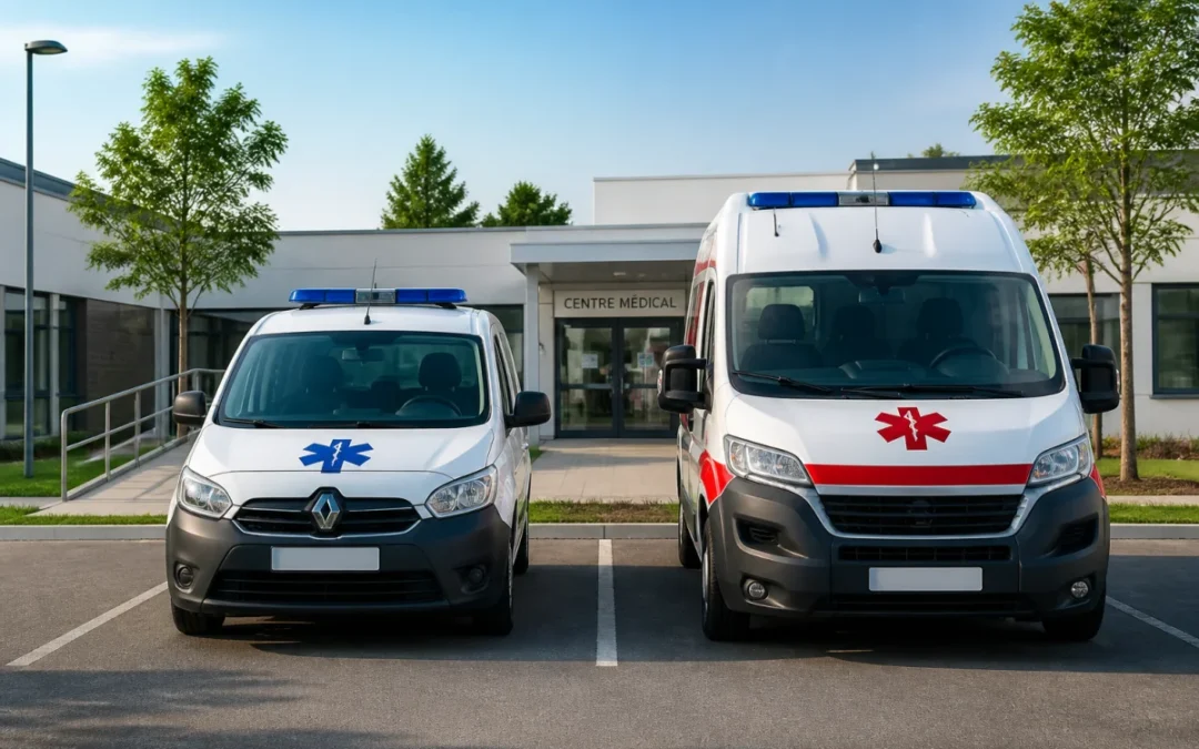 Véhicule sanitaire léger et ambulance devant un centre médical, prêts à transporter un patient en consultation