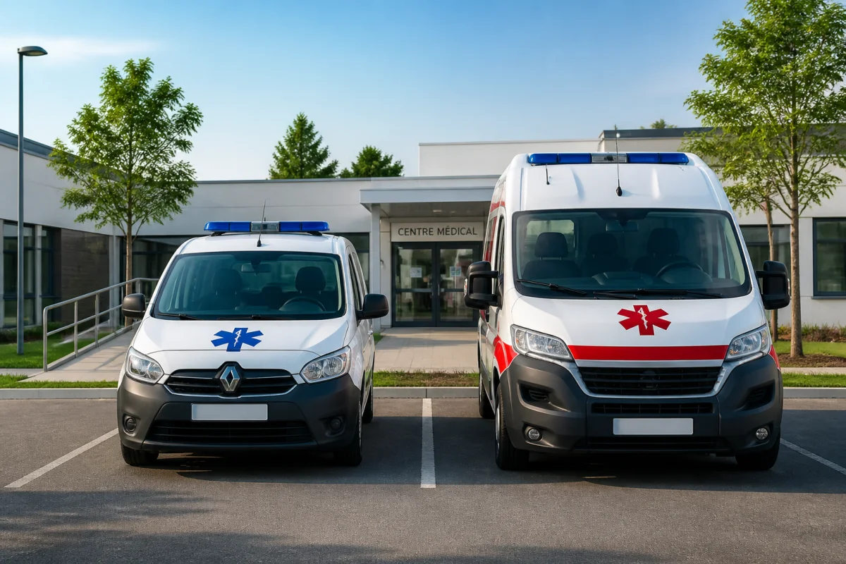 Véhicule sanitaire léger et ambulance devant un centre médical, prêts à transporter un patient en consultation
