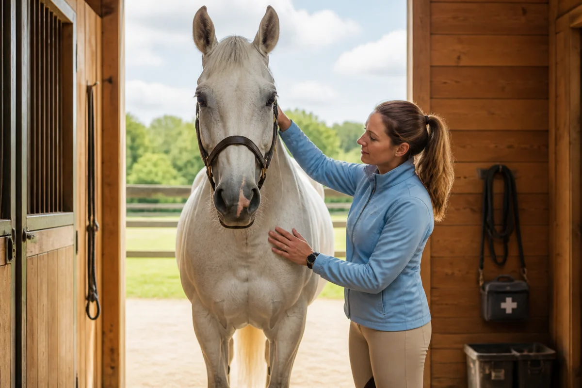 Soigneuse vérifiant l’état général d’un cheval dans une écurie, illustration des urgences équines à connaître