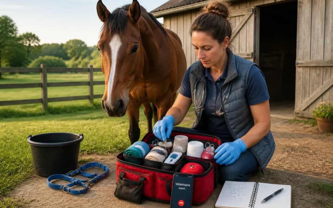 Préparation aux urgences équines avec cheval calme, trousse de premiers secours et matériel vétérinaire dans une écurie.