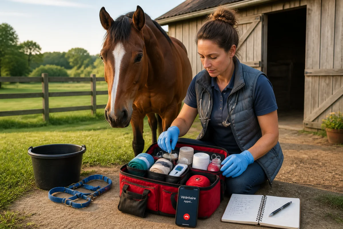 Préparation aux urgences équines avec cheval calme, trousse de premiers secours et matériel vétérinaire dans une écurie.