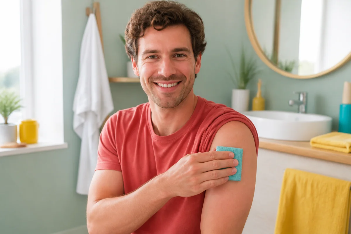 Adulte appliquant une compresse fraîche sur le bras après vaccination, illustrant les soins de peau post-injection.
