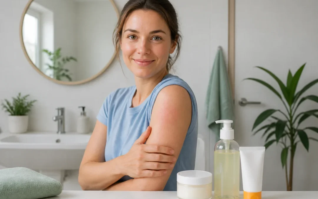 Adulte montrant une légère rougeur après vaccination, avec produits de soins cutanés doux dans une salle de bain lumineuse