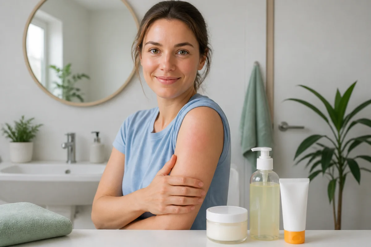 Adulte montrant une légère rougeur après vaccination, avec produits de soins cutanés doux dans une salle de bain lumineuse